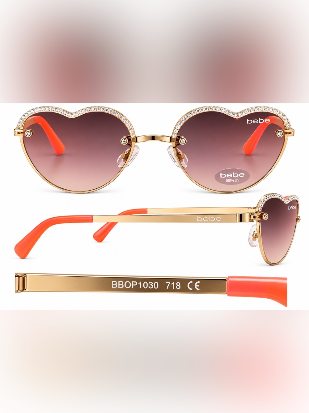 bebe Gold Frame Sunglasses with Pink Gradient Lenses and Coral Tips (No Case)